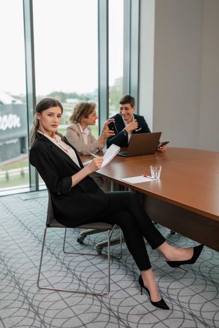 Business professionals in a modern office engaged in a meeting. Collaborative work environment.